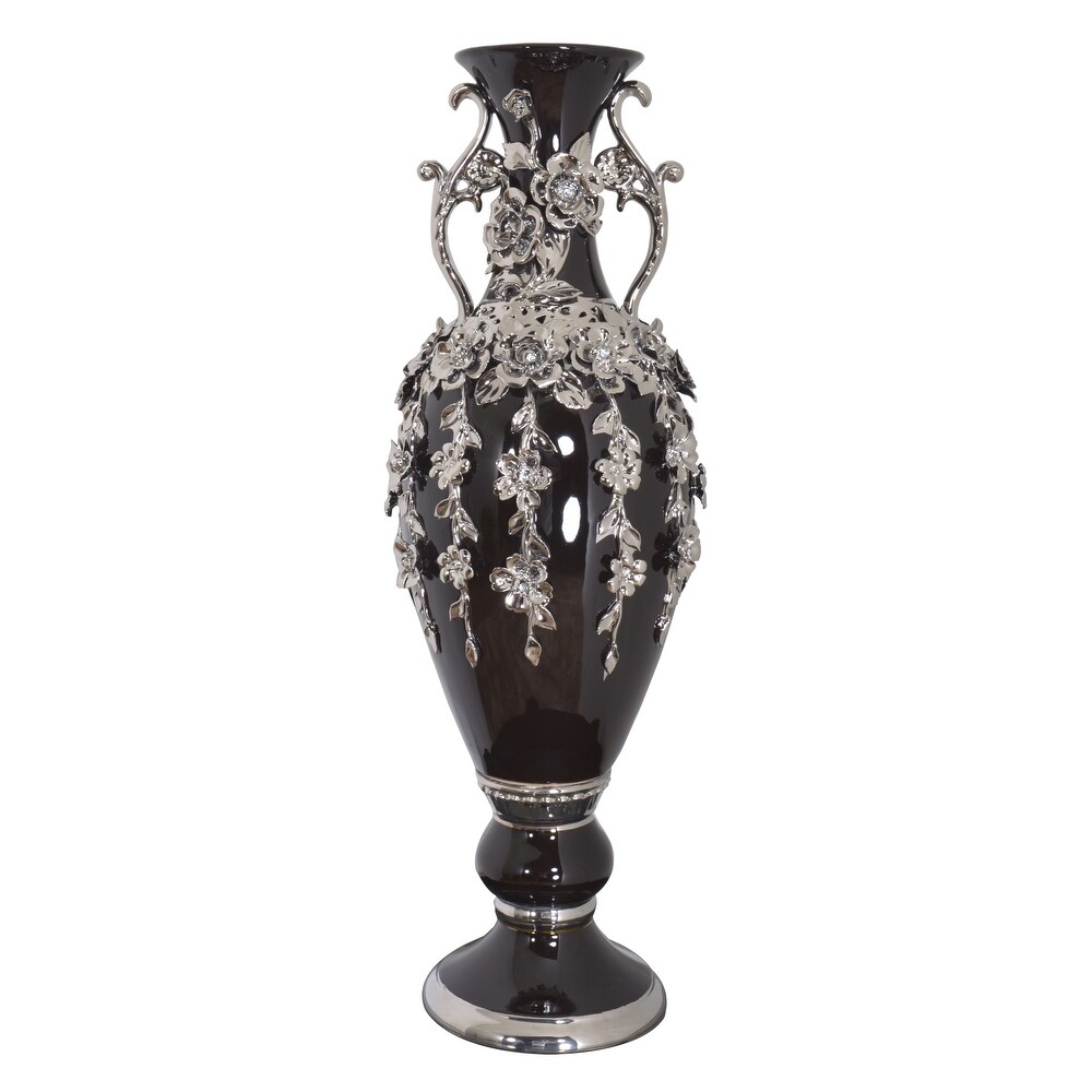 Black and Silver Floret Jeweled Stunning Vase 35 Inches Tall