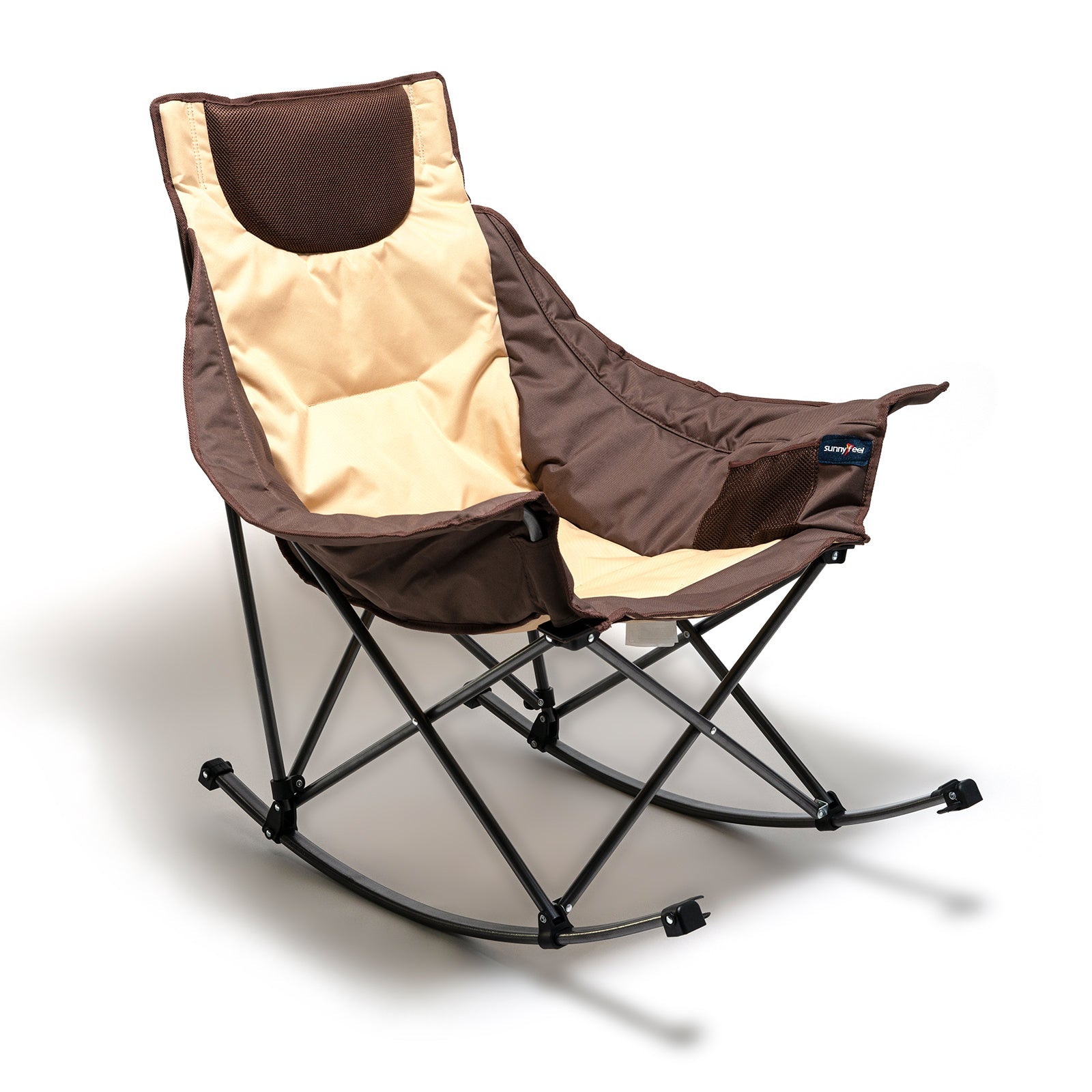 Sunnyfeel Camping Rocking Chair for Adults, Luxury Padded Recliner, Oversized Folding Rocker Lawn Chair (Caramel)