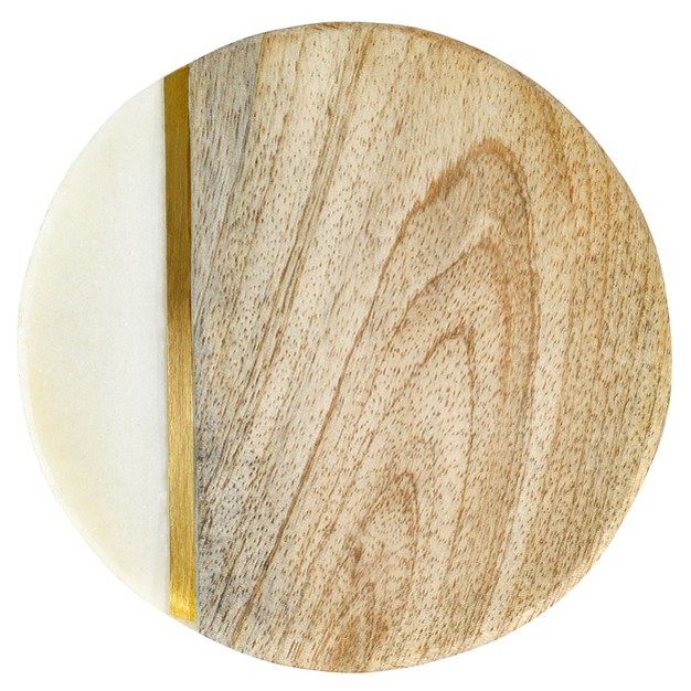 Laurie Gates White Marble And Mango Wood Round 4 Piece Coaster Set