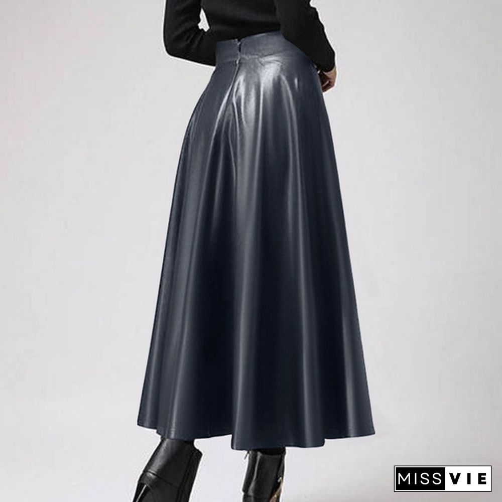 Women Pu Leather Maxi Skirt Autumn Winter Long Dress High Waist Party Casual Umbrella Skirt Plus Size Clothes