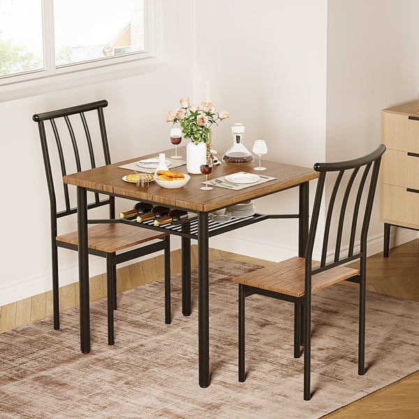 Dining Table Set， Kitchen Table and Chairs for 2 with Wine Rack， 3 Piece Metal and Wood Square Dining Room Table Set