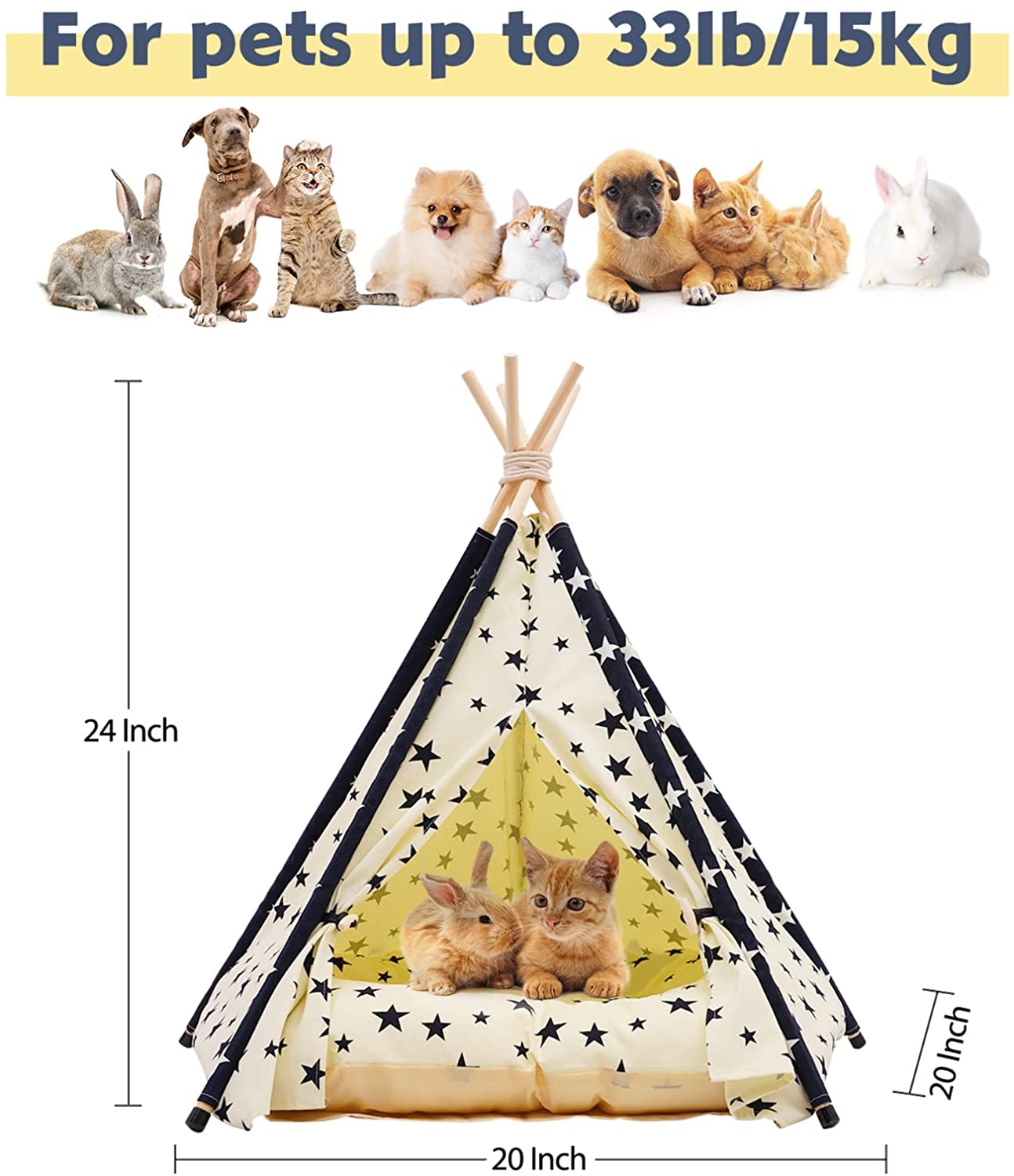 Pet Teepee Tent for Dogs and Cats， 24 Inch Portable Indoor Dog House with Thick Cushion， Cat Teepee Tent Washable