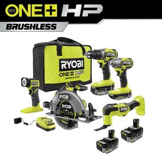 RYOBI ONE+ HP 18V Brushless Cordless 5-Tool Combo Kit w (2) Batteries Charger Bag  FREE (2) 6.0 HIGH PERFORMANCE Batteries PBLCK105K2-PBP2007