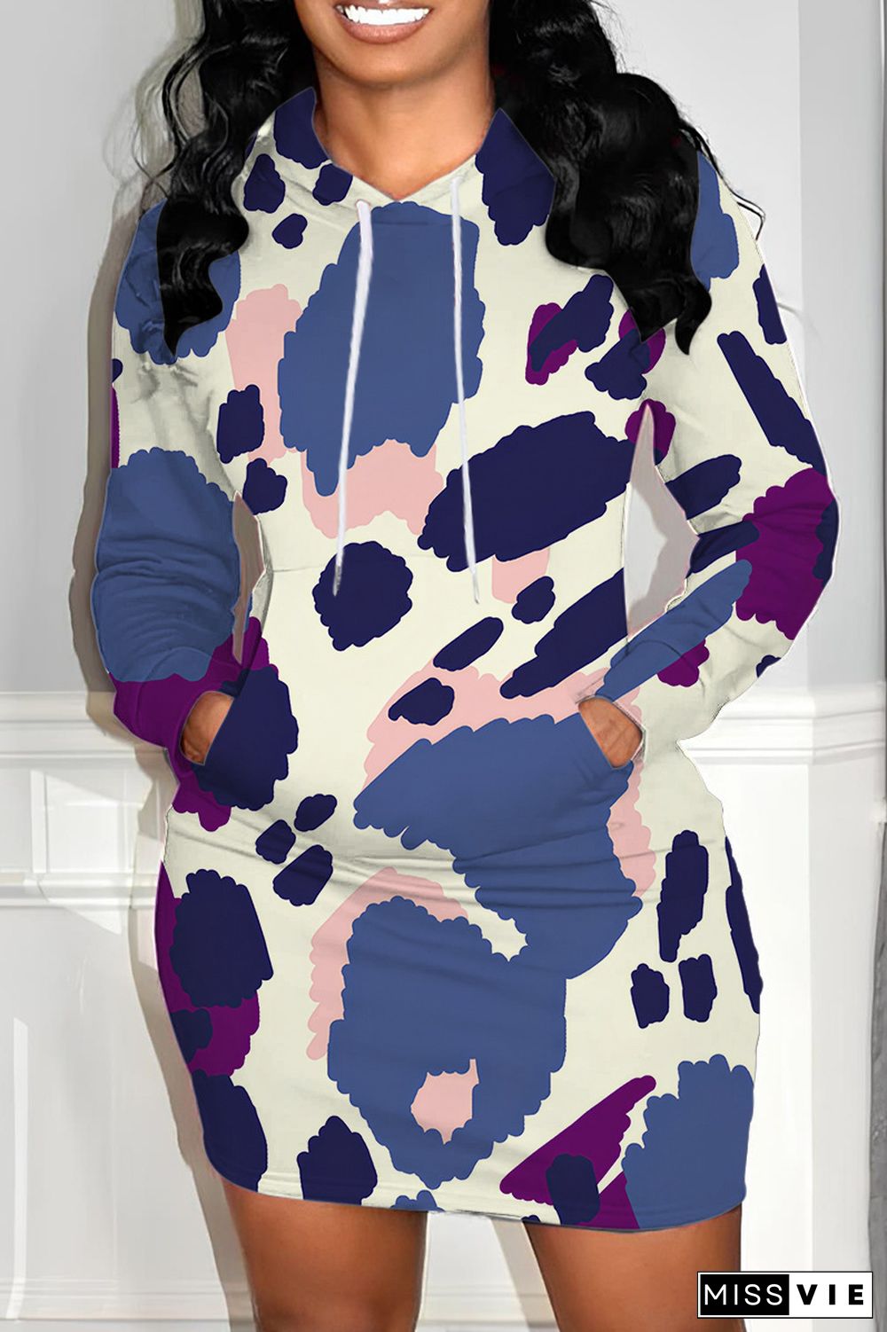 Casual Print Basic Hooded Collar Long Sleeve Dresses