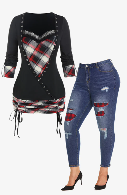 Plus Size Grommets 2 in 1 Plaid Cinched Plaid T-shirt and Ripped Jeans Outfit