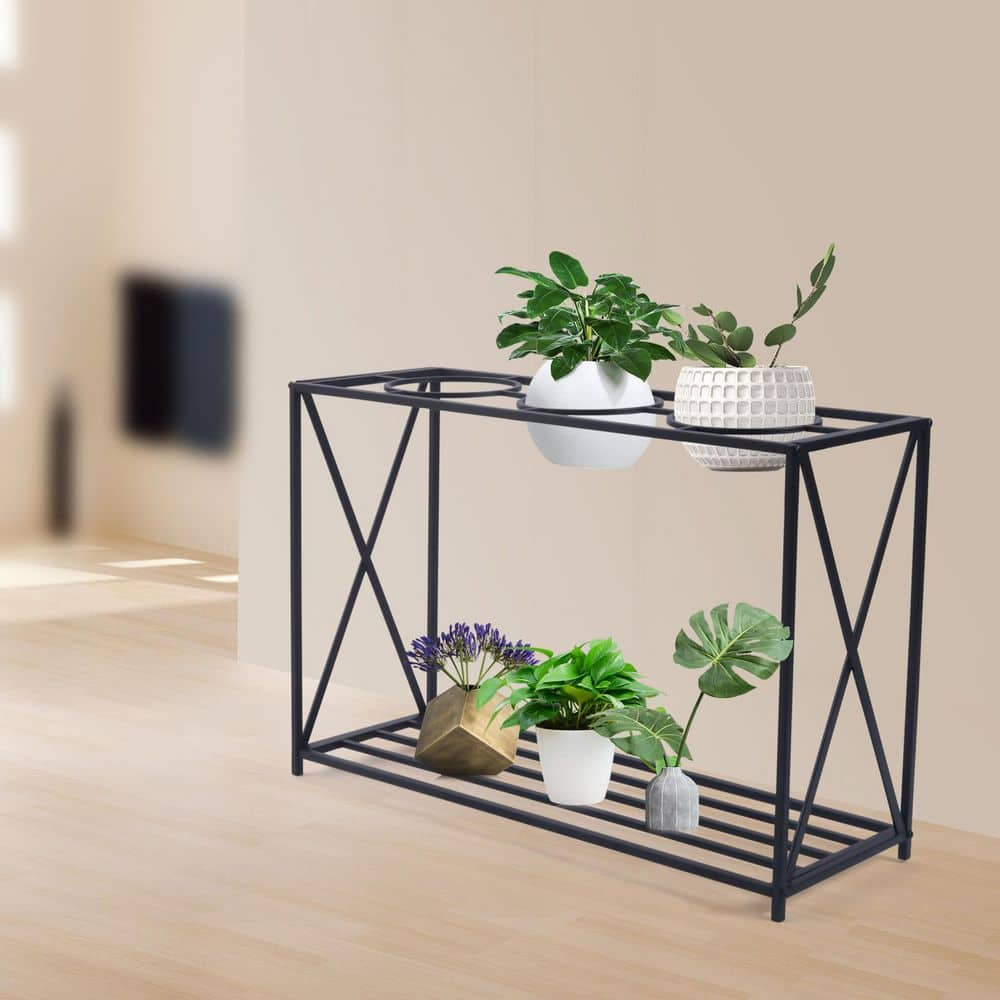 YIYIBYUS 36.2 in. x 12.6 in. 2-Tier Innovative Indoor Outdoor Black Metal Flower Plant Stand Shelf Rack Storage Organizer OT-ZJCY-5104