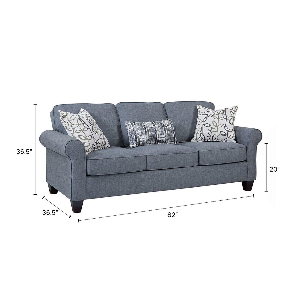 American Furniture Classics Model Classic Cottage Series Blue Fabric Sofa with Rolled Arms and 3 Accent Pillows