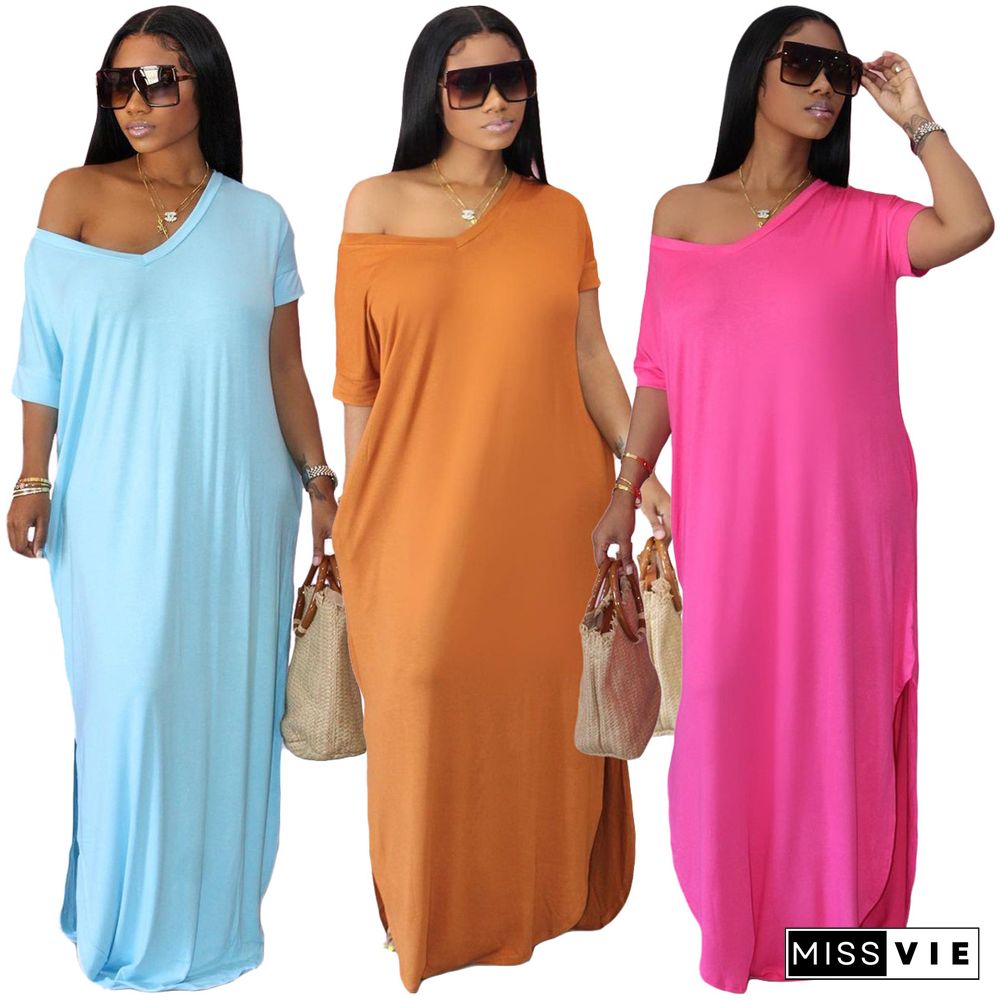 Summer Casual Women V-neck Solid Color Short Sleeve Loose Fitting Floor Length Dress