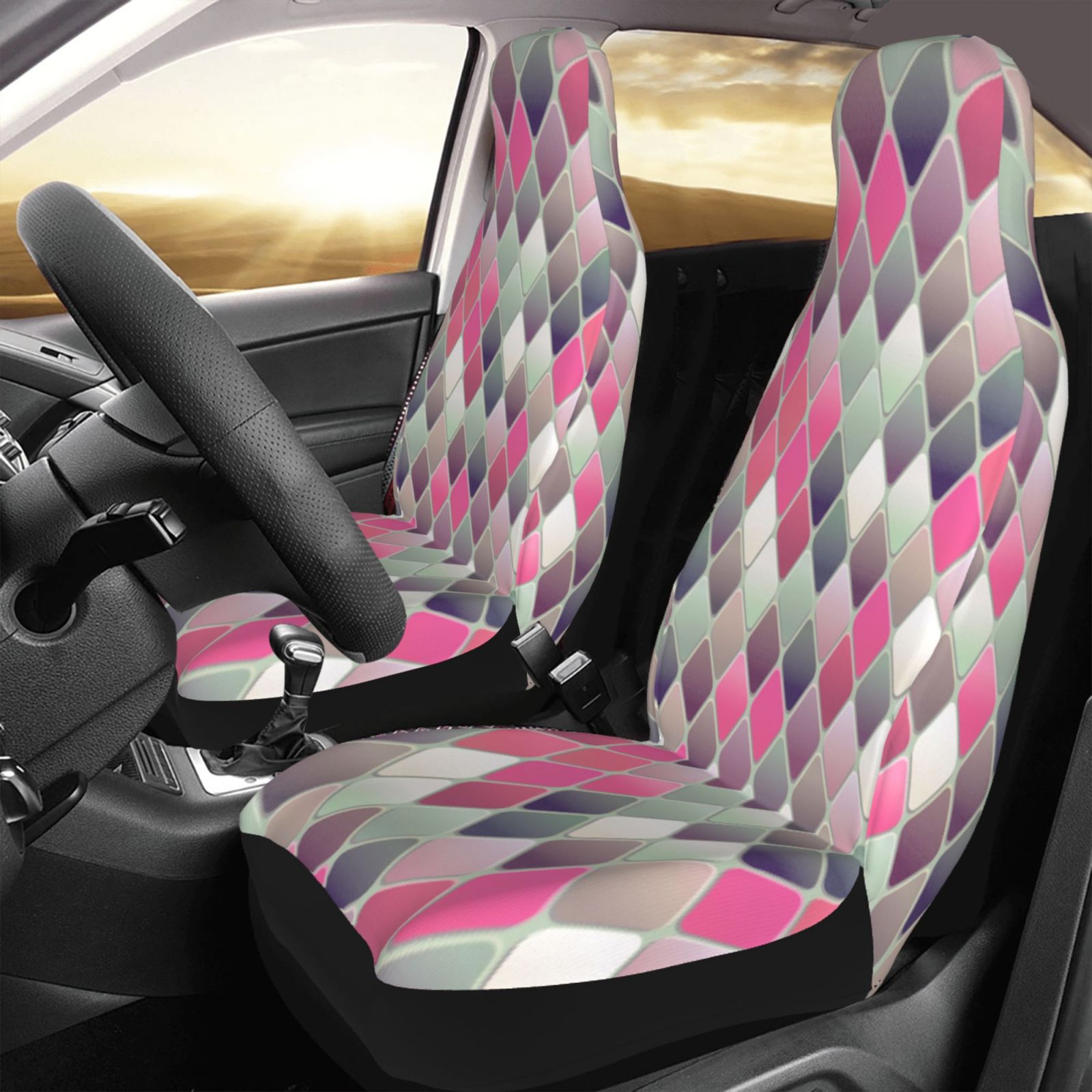 TEQUAN Front Seat Covers， Colorful Diamond Shape Tile Pattern 2 Piece Car Seat Cover Fit Most Car SUV Truck Van