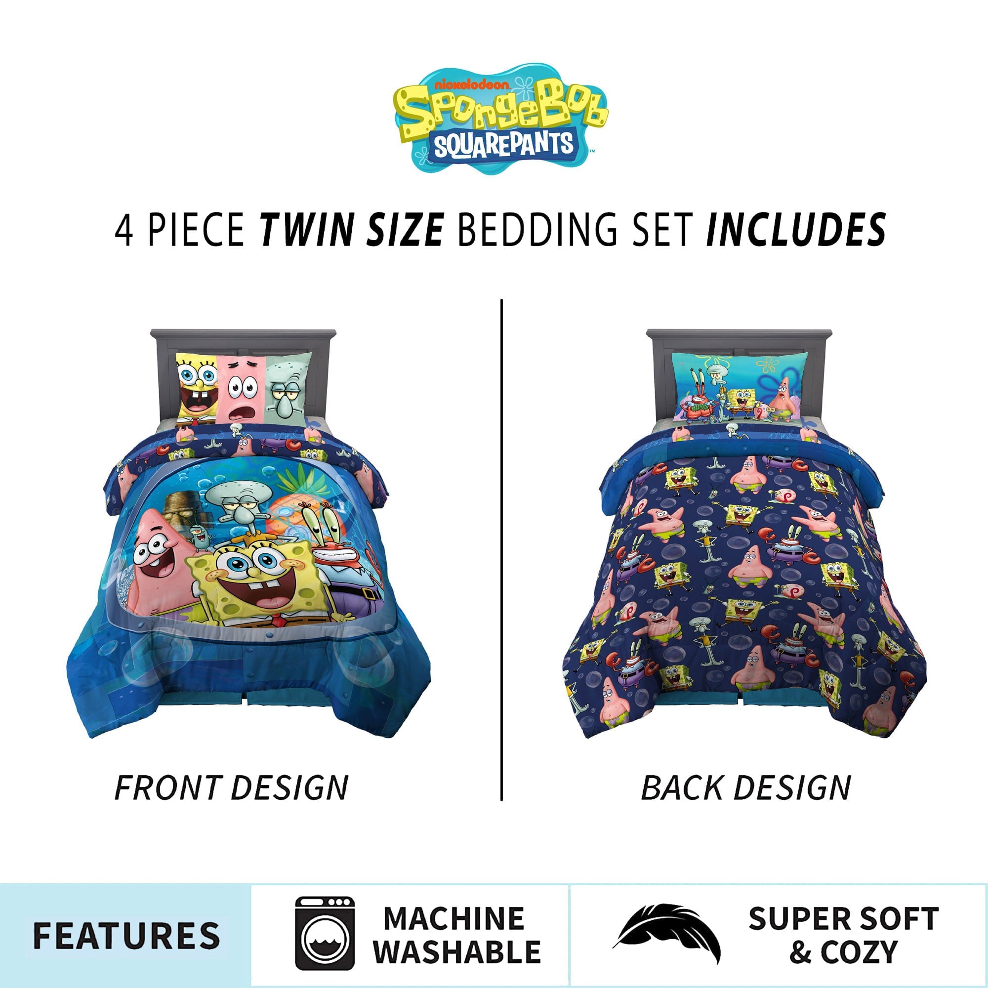 SpongeBob SquarePants Kids Twin Bed in a Bag, Comforter and Sheets, Blue, Nickelodeon