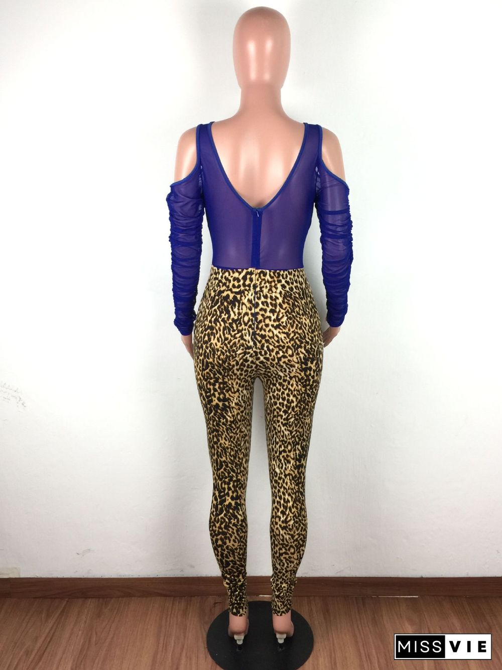 Sexy Mesh Sheer Patchwork Leopard Printed Bodycon Jumpsuit