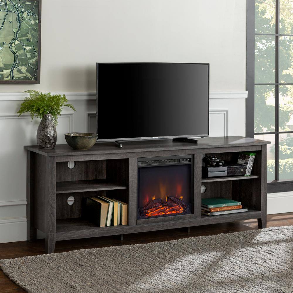 Walker Edison Furniture Company 70 in. Wood Media TV Stand Console with Fireplace - Charcoal HD70FP18CL