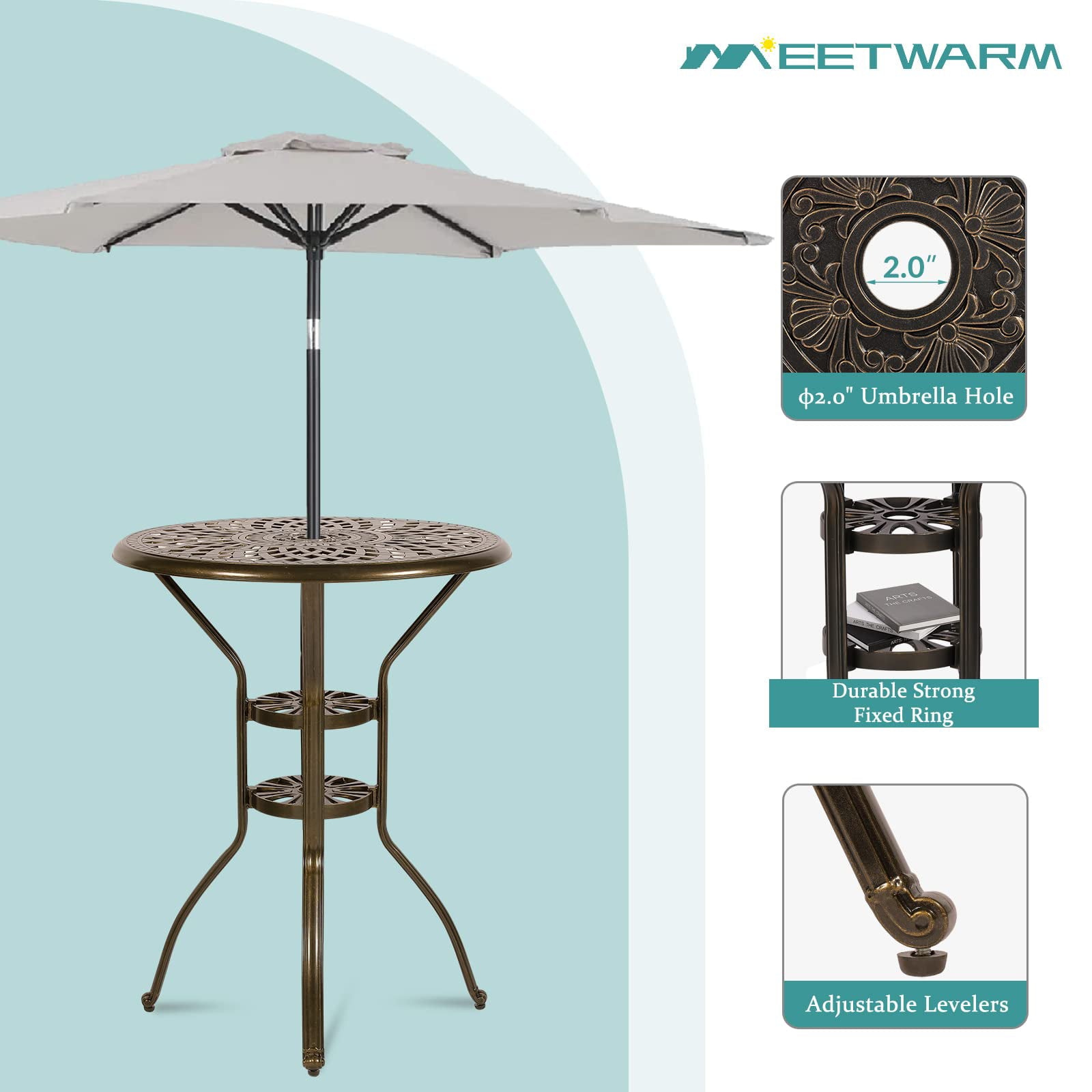 MEETWARM Patio Height Bar Table, 31" Bar Height Bistro Table, Outdoor Cast Aluminum Bistro Round High Top Dining Table with 2" Umbrella Hole for Garden Deck Backyard, Dark Bronze