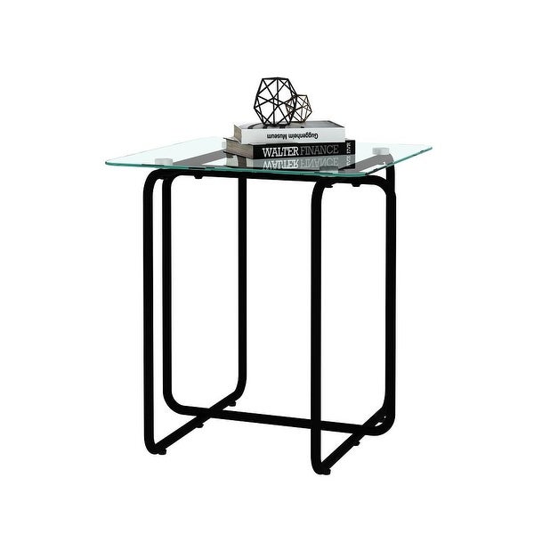 Modern Style Square Side Table with Glass Tabletop and Metal Legs