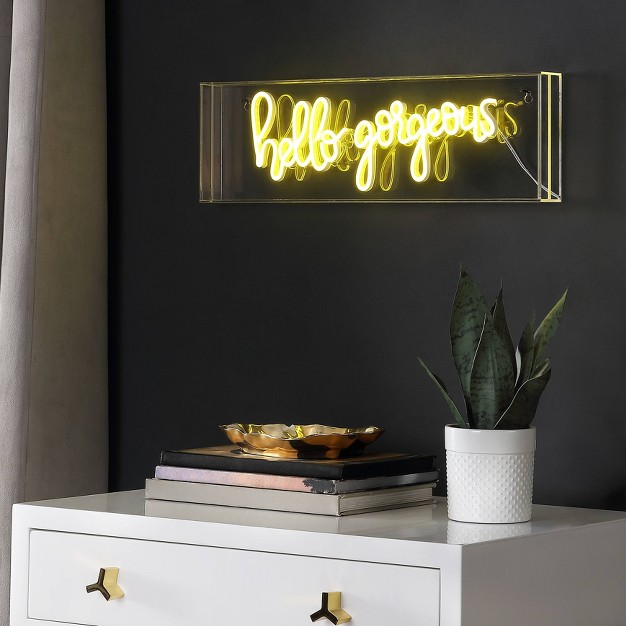 Hello Gorgeous Contemporary Glam Acrylic Box Pendant includes Led Light Bulb Neon Yellow Jonathan Y