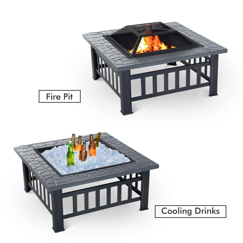 Outsunny 32 in. W x 18 in. H Square Steel Outdoor Patio Wood Burning Fire Pit Table in Black with Poker and Water Resistant Cover 842-073