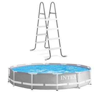 Intex Round 12 ft. Prism Frame Above Ground Swimming Pool Bundled with Above Ground Ladder 30 in. H 26711EH + 28066E