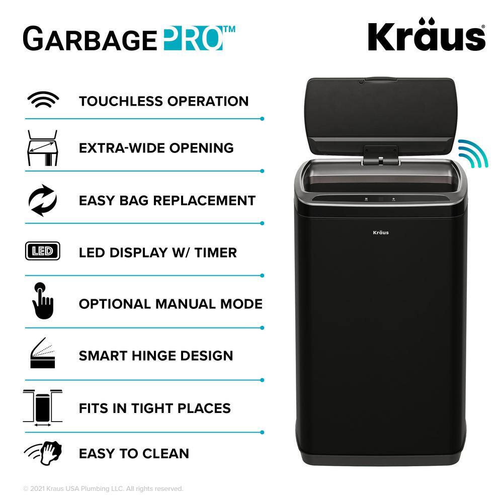 KRAUS Garbage Pro Rectangular 13 Gal. Touchless Motion Sensor Trash Can in Matte Black with Soft Shut Lid KTCS-10MB