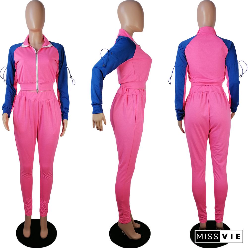 Splicing Long-sleeved Zip-up Jacket Sweatpants Two-piece Set