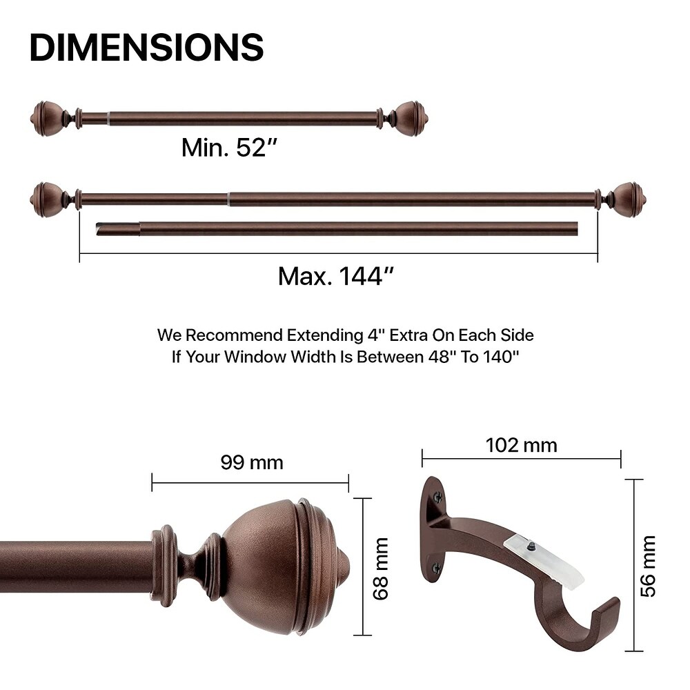 Deco Window 1 Inch Adjustable Curtain Rod for Windows   Doors Curtains with Oval Finials   Brackets Set