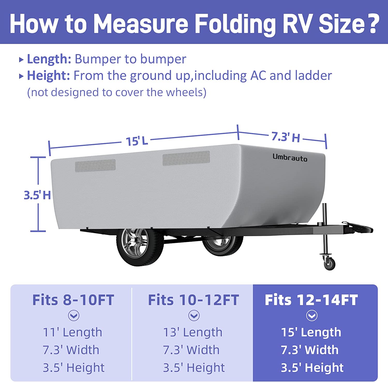 Umbrauto Travel Trailer Cover 2023 Upgraded 6 Layers Top Pop Up Camper Covers Waterproof Extra Thick Polypropylene Breathable Ripstop Anti-UV Pop Up Folding Trailer Cover Fits 12' - 14' Trailers， Gray