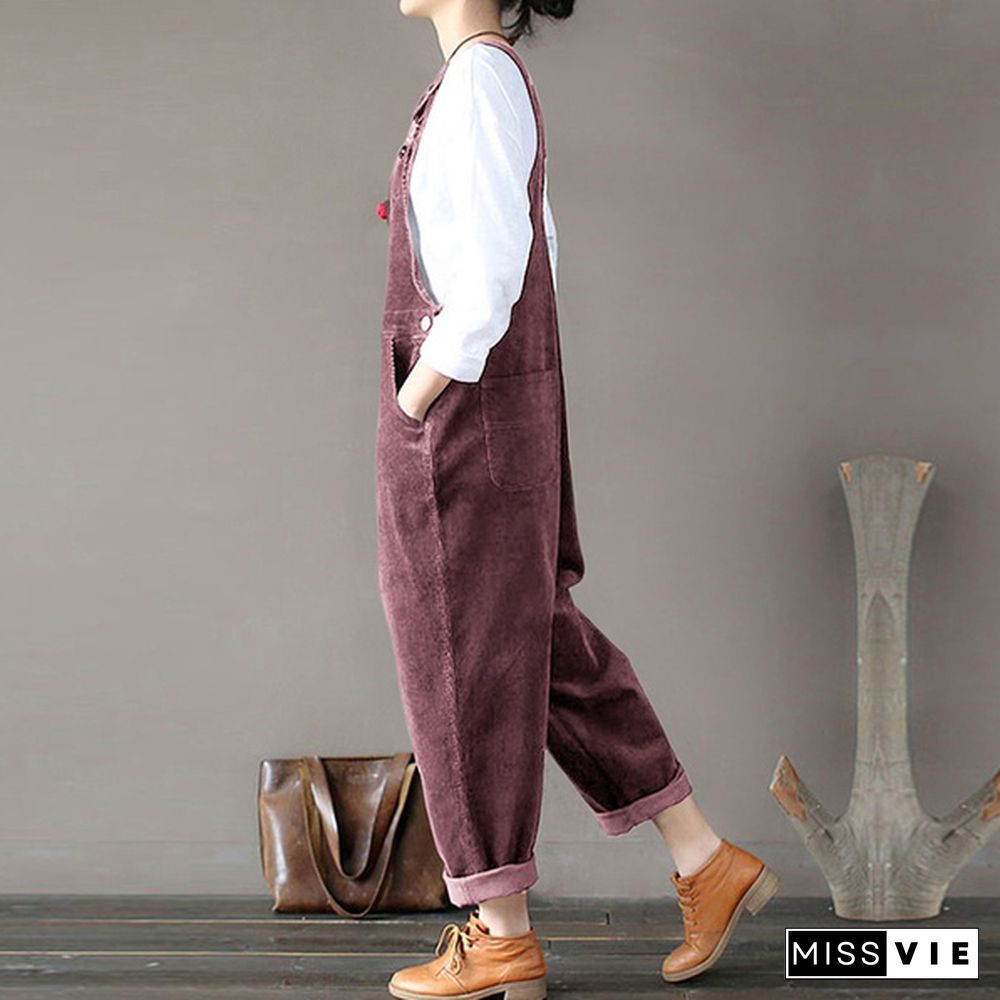 ZANZEA Women New Retro Solid Color Corduroy Suspender Pants Jumpsuit Rompers Long Pants Dungaree