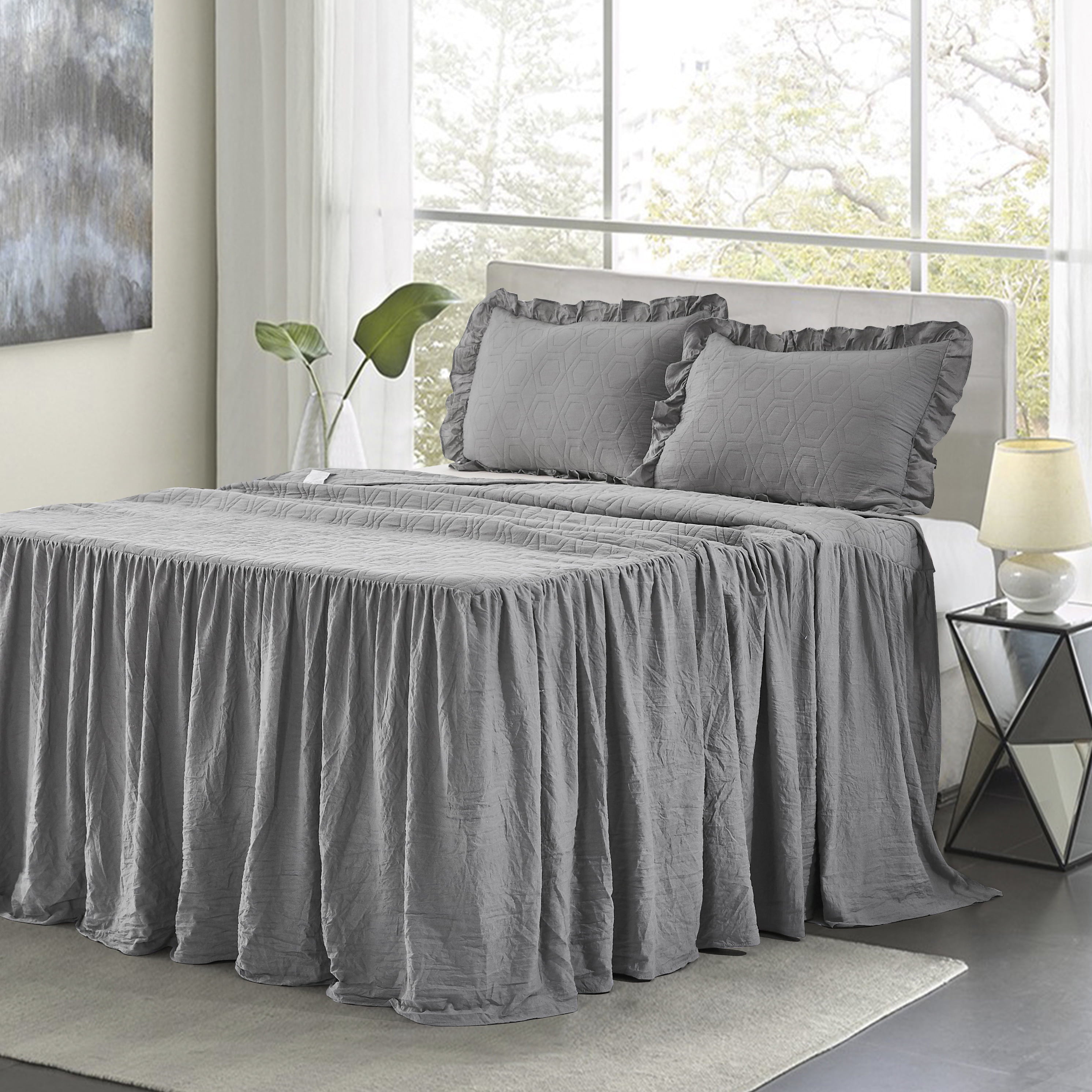 EleganHome Pinsonic Ruffle Skirt Quilt/Bedspread/Coverlet with 2 Shams Gray Color King Size