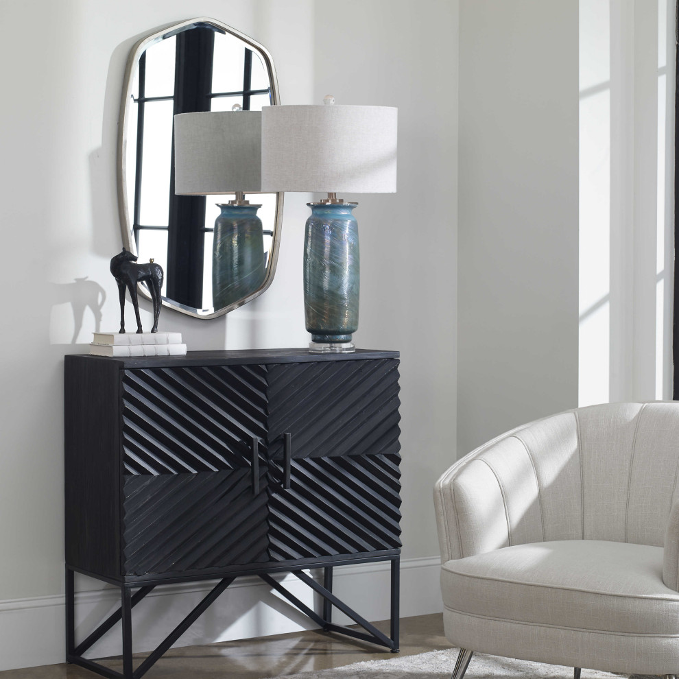 Ebony Black Chevron Stripe Accent Cabinet  Wood Iron Mid Century Rustic Chest   Industrial   Accent Chests And Cabinets   by My Swanky Home  Houzz