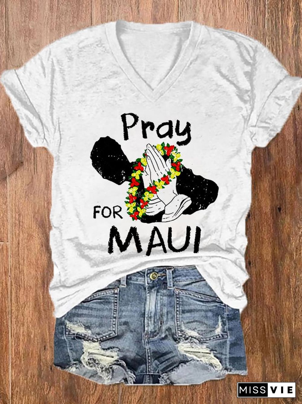 Women's Pray For Hawaii MAUI Wildfire V-Neck Tee