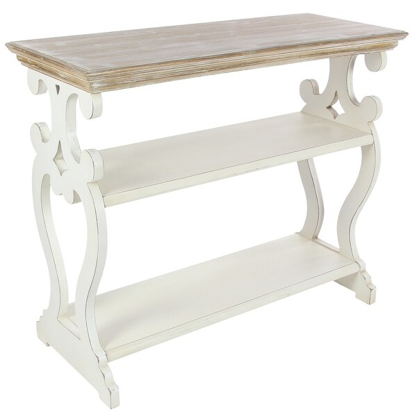 White or Black Wood Scroll Side Frames 2 Shelves Console Table with Brown Wood Top 38