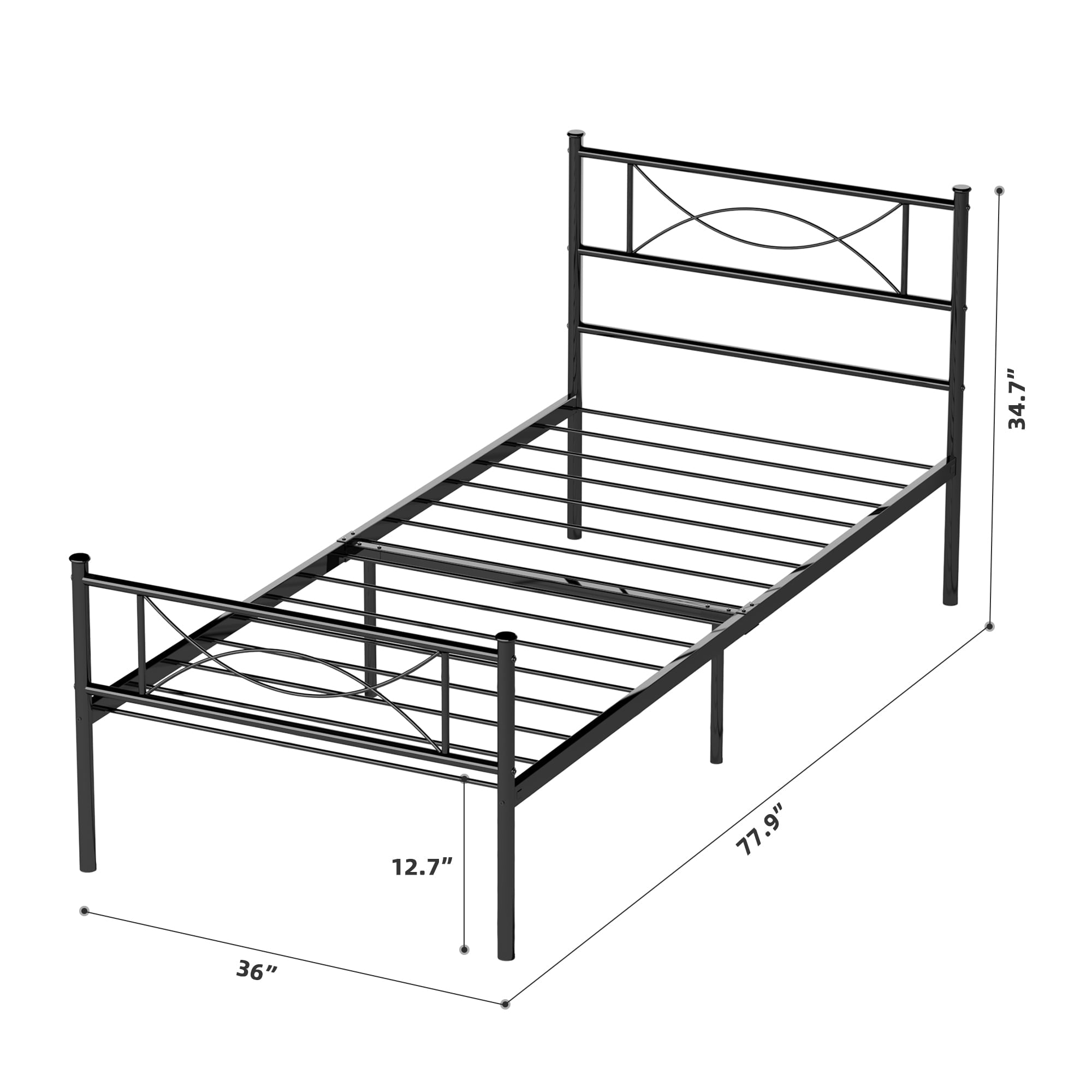 Teraves Single Metal Platform Bed Frame with Headboard for Kids Teens, Twin Size Kids Bed with Storage Space, Black