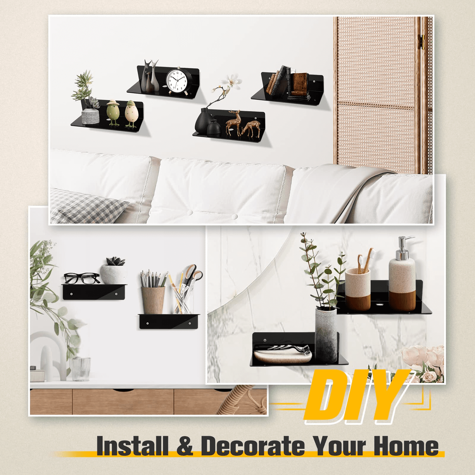 Number-one 4 PCS Acrylic Floating Shelves Adhesive and Wall Mounted Shelves for Smart Speaker Wall Decor Display Shelves Unit for Living Room,Bathroom,Bedroom,Kitchen,Office,Black