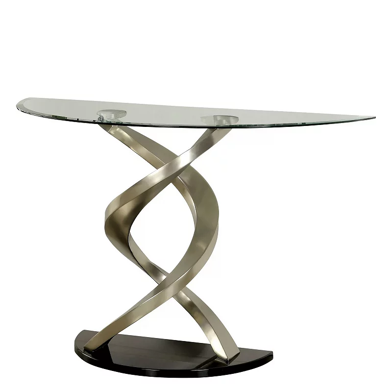 Sofa Table with Twisted Metal Base and Semi Circular Glass Top， Silver