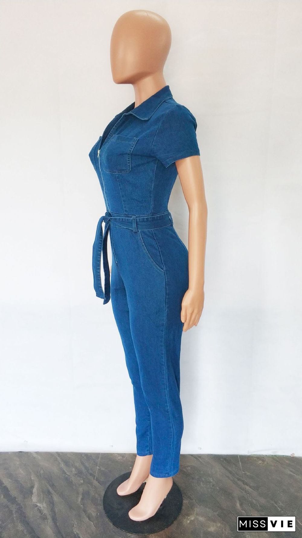 Short Sleeve Lapel Zipper Lace-up Denim Jumpsuit