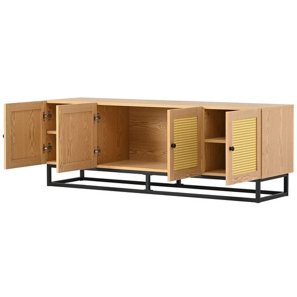 Wooden TV Stand for TVs up to 65inches with 4 Textured Rattan Doors and 2 Adjustable Panels