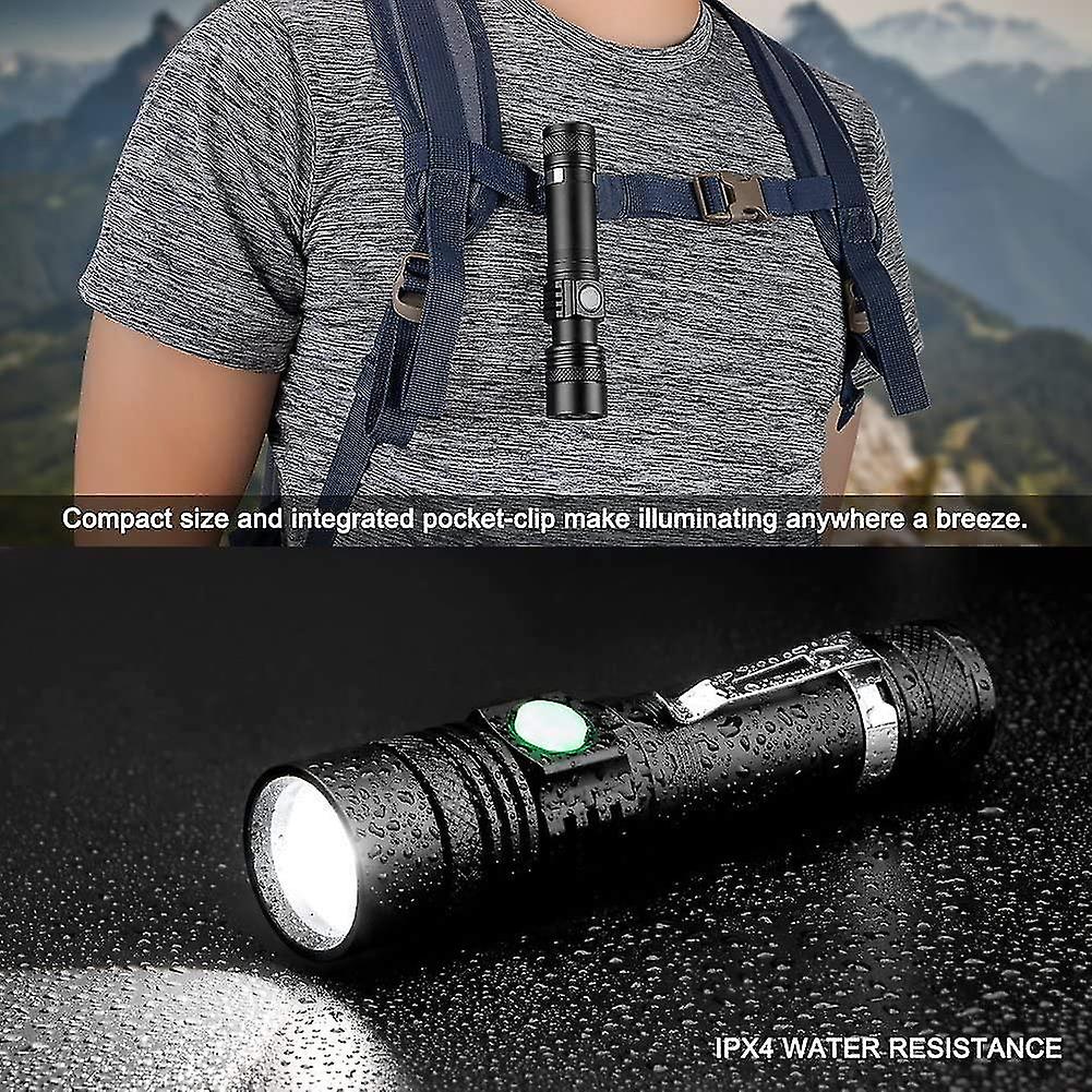 Usb Rechargeable Led Flashlight，600 Lumens，ip65 Waterproof，4 Light Modes，zoomable(battery Included)