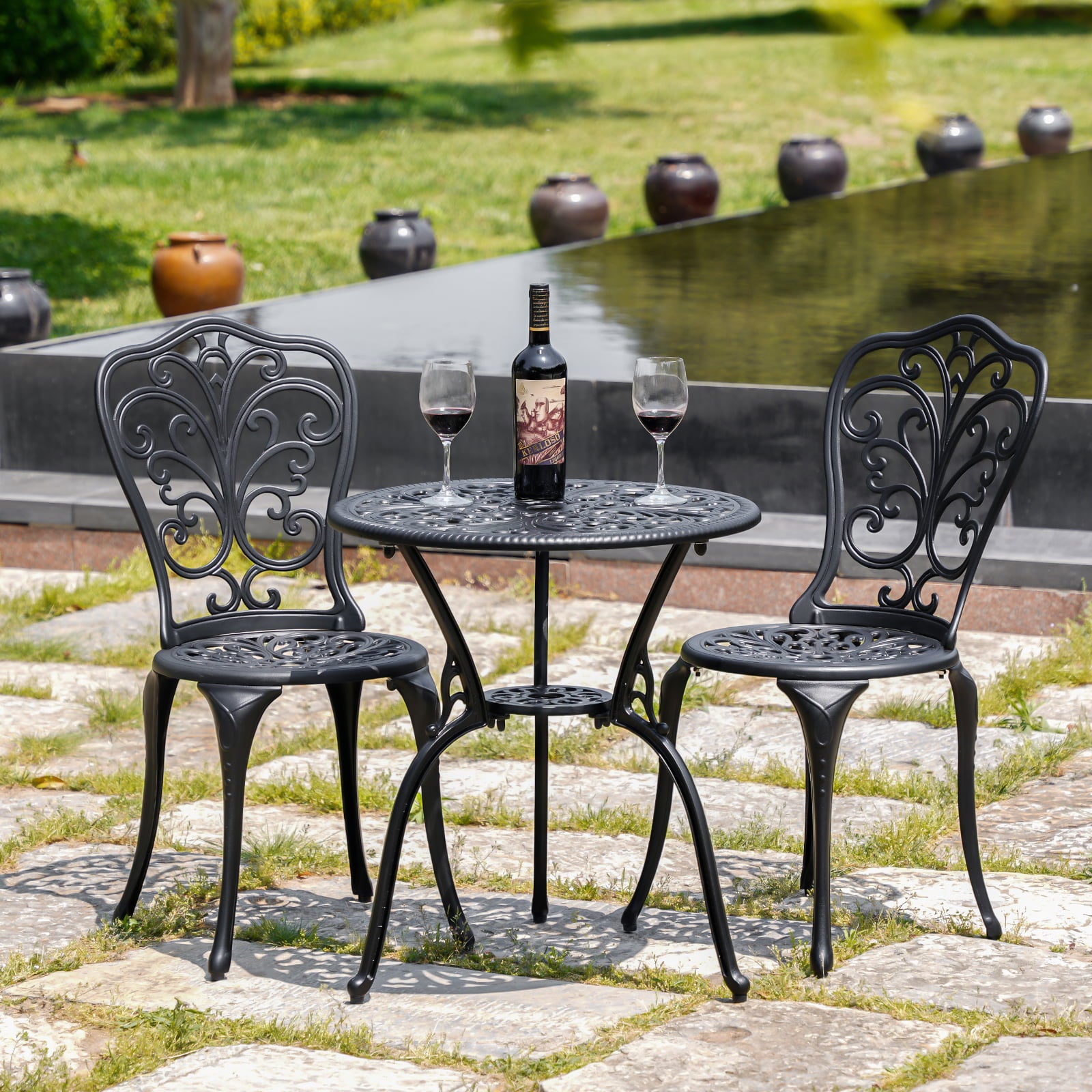 Withniture 3 Piece Patio Bistro Sets Cast Aluminum Bistro Table Set Outdoor Patio Furniture with Umbrella Hole for Patio Set Black