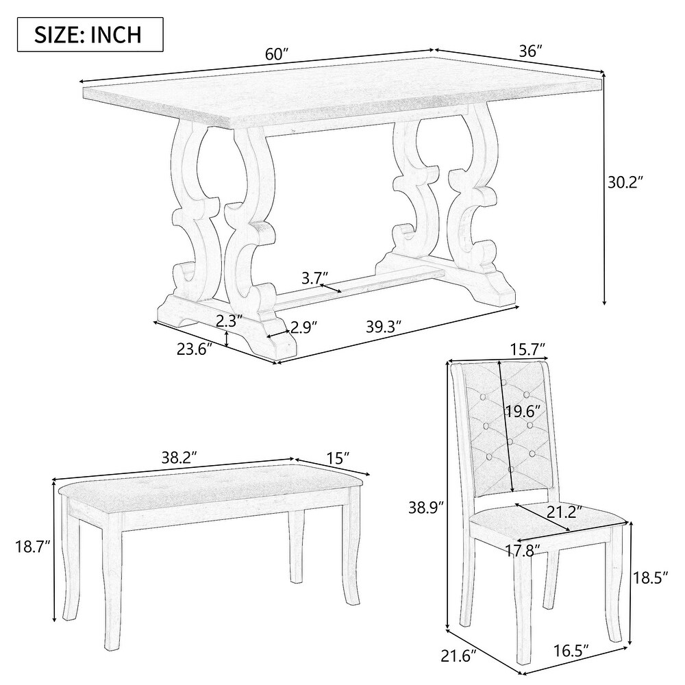 Unique designed 6 Piece Dining Table Sets  Retro Wood Grain Dining Table with Four Linen Upholstered Dining Chairs and Bench