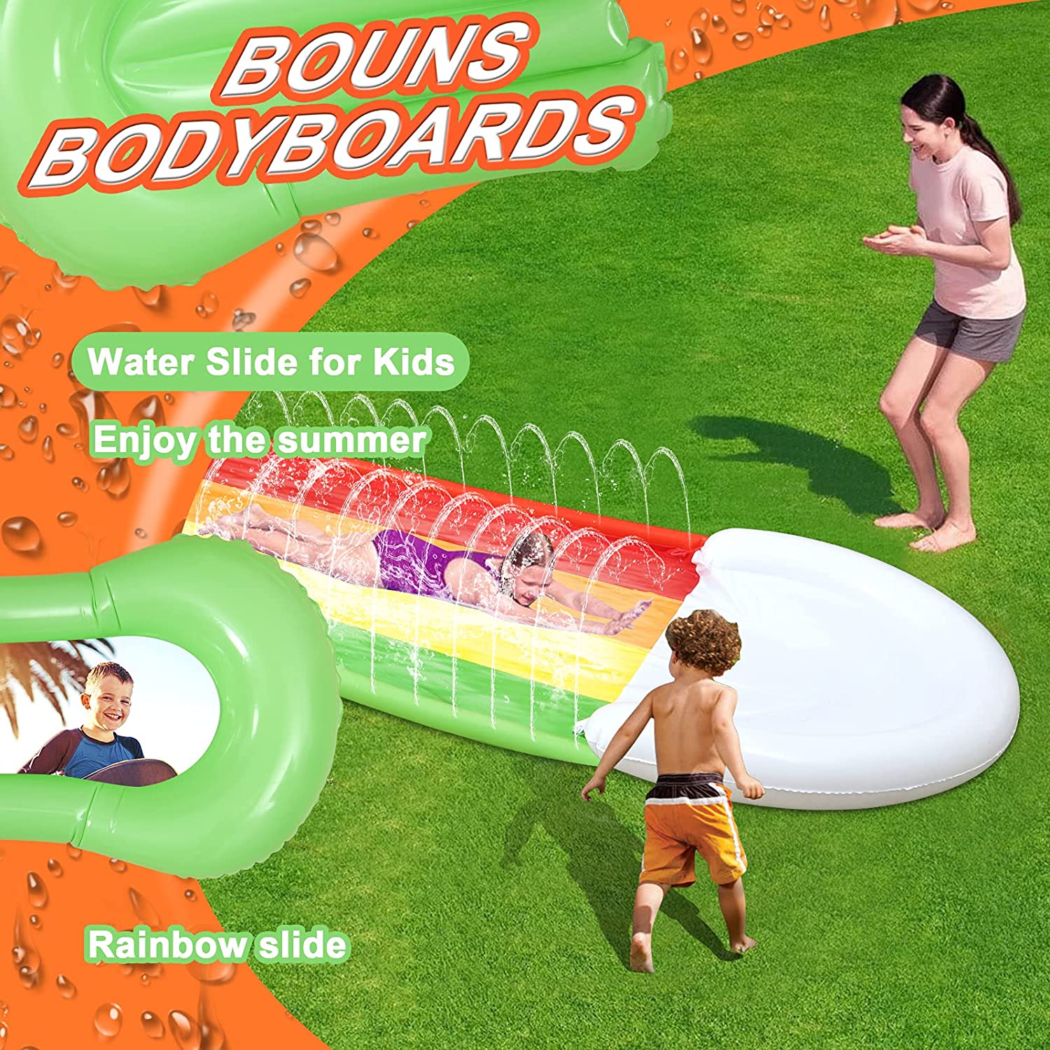 Intera Water Slide for Backyard Updated 2021 Model with 3 Surfboards, Spray Slide and Inflatable Non-Slip mat for Kids Outdoor Party Water Toys for Lawn Garden