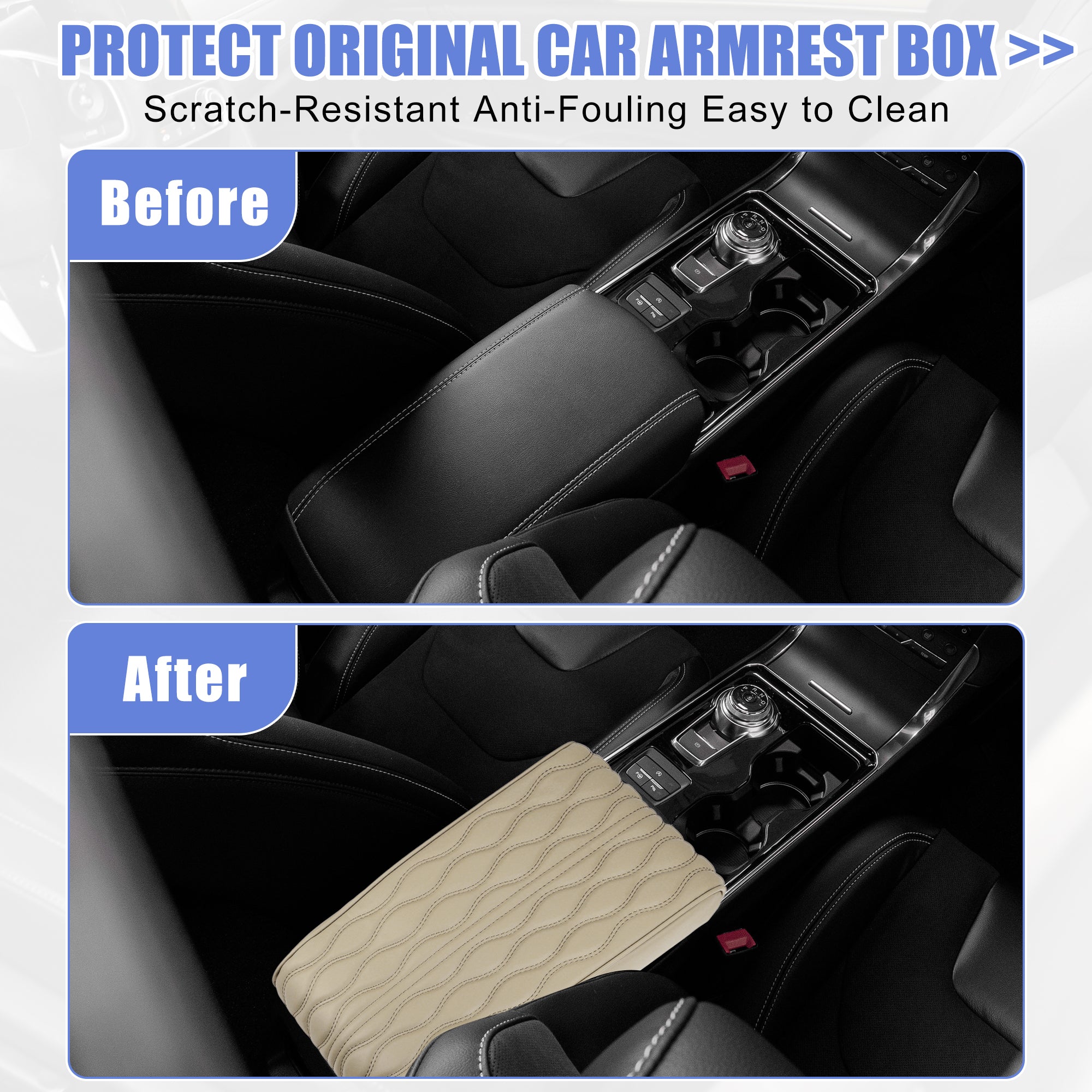 Auto Armrest Cushion Cover Center Console Box Pad Waterproof Faux Leather Cushion Pad Protector Universal Beige