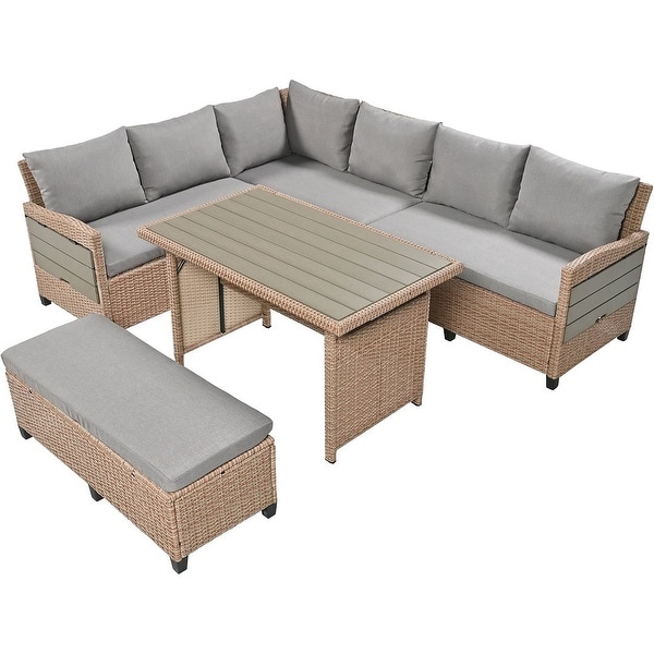 5 PCS L Shape Outdoor Patio Furniture，Rattan Sofa Set with Dining Table