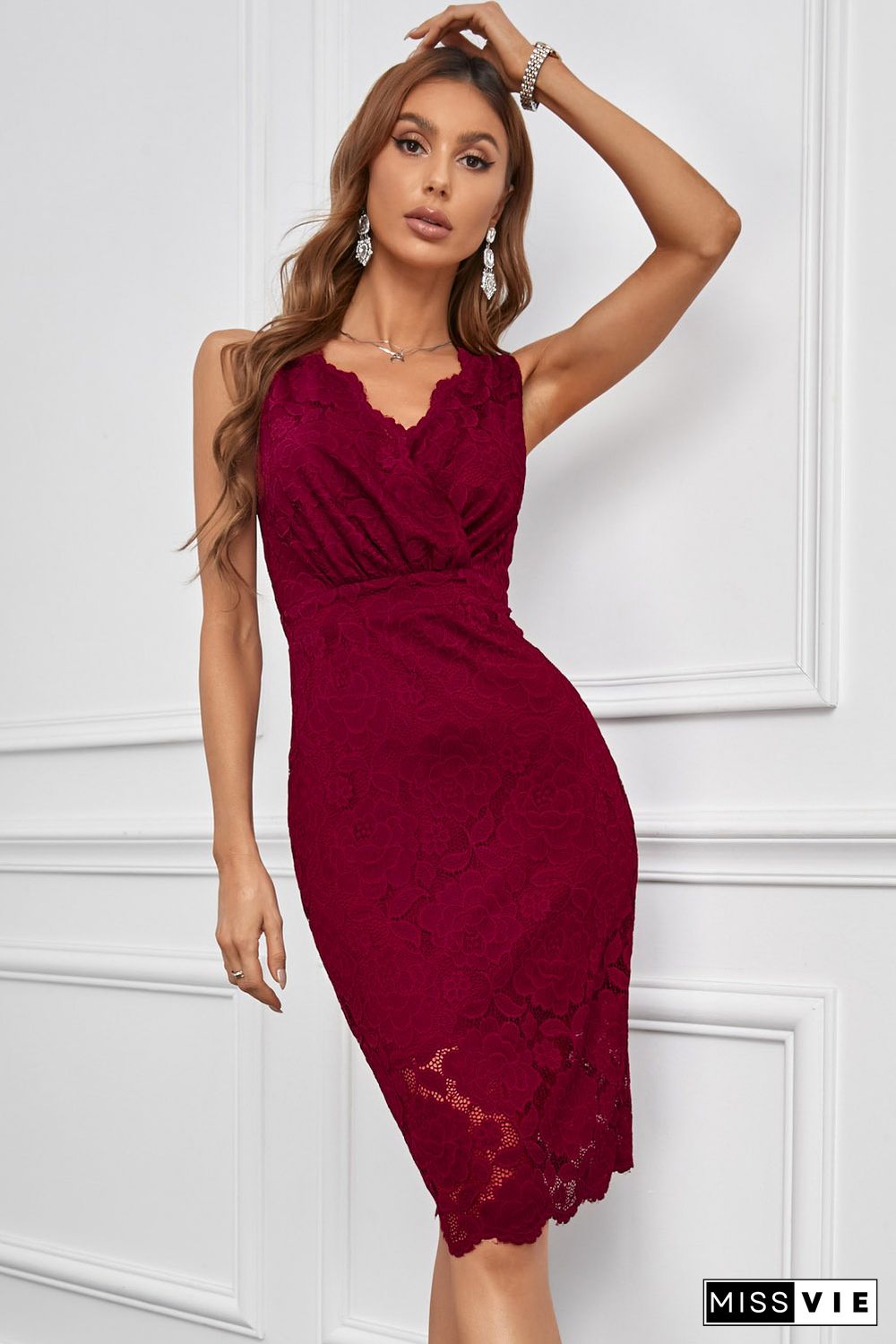 Red Lace Sleeveless Deep V Neck Bodycon Midi Dress