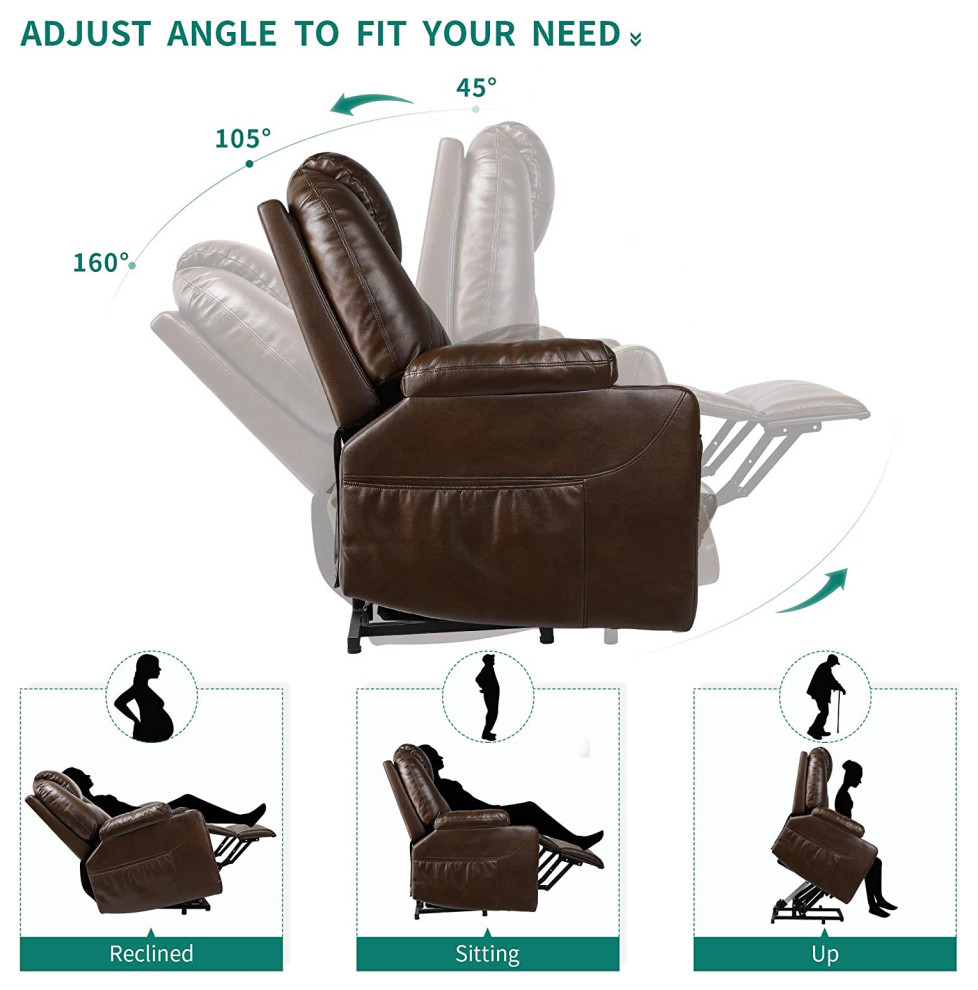 Power Lift Recliner  Faux Leather Seat and Back With 8 Vibrations Points  Brown   Transitional   Recliner Chairs   by Decorn  Houzz