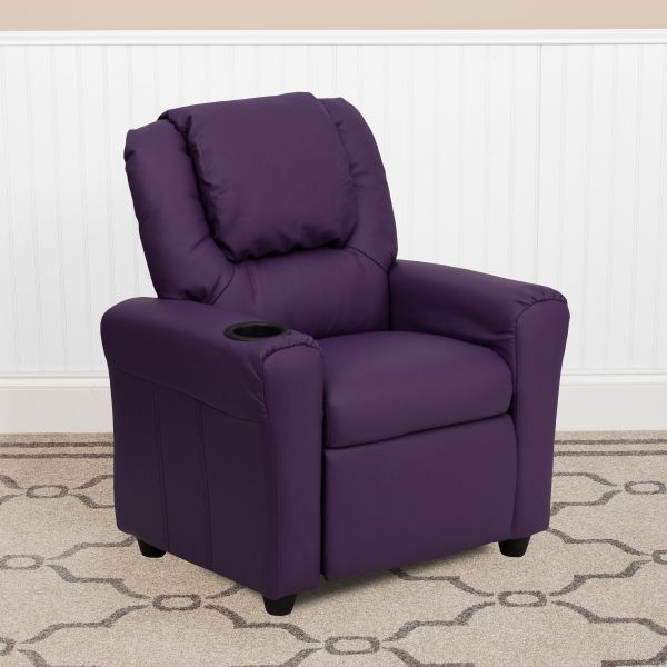 Vana Contemporary Purple Vinyl Kids Recliner with Cup Holder and Headrest