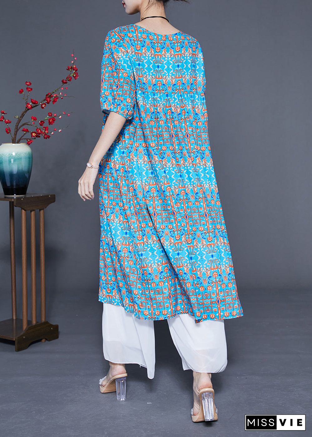 Stylish Blue Ruffled Print Silk Long Dresses Summer