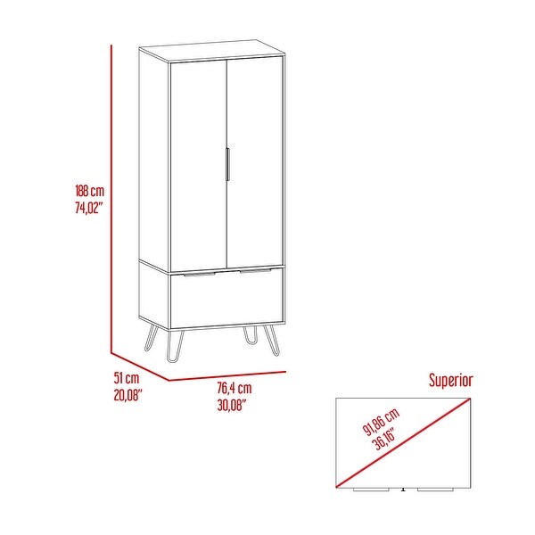 TUHOME Augusta Closet with Hanging Rod， Drawer， Hairpin Legs， and Double Door Cabinet - - 35438217