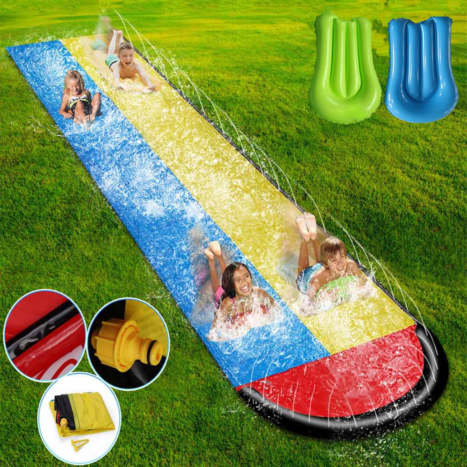 Swilpool Slip Splash and Slide for Kids Backyard - 16FT Inflatable Water Slide, Giant Racing Lane Lawn Waterslide, Pool Slides with Crash pad, Sprinkler, 2p bodyboards Outdoor Toys