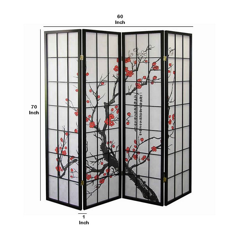 Plum Blossom Print Wood and Paper 4 Panel Room Divider， Red and Black