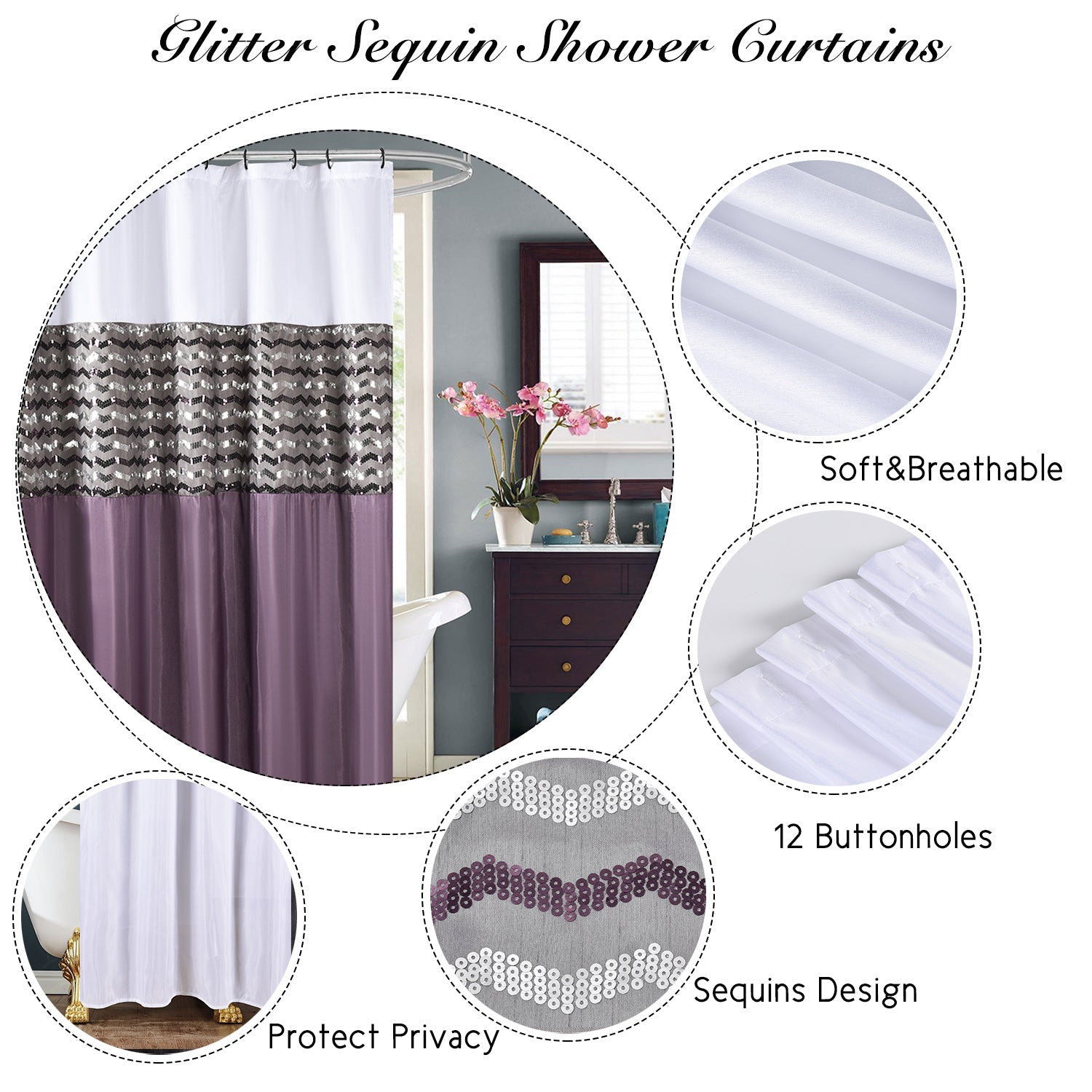 Modern Glitter Shower Curtain - Shimmer Sequin Design for Bathroom, Chic Stunning Bath Curtain with Color Block Design, 72