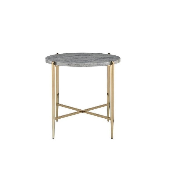 End Table with Oval Marble Top and X Shaped Support - Gray and Gold - 26 L x 26 W x 23.62 H Inches